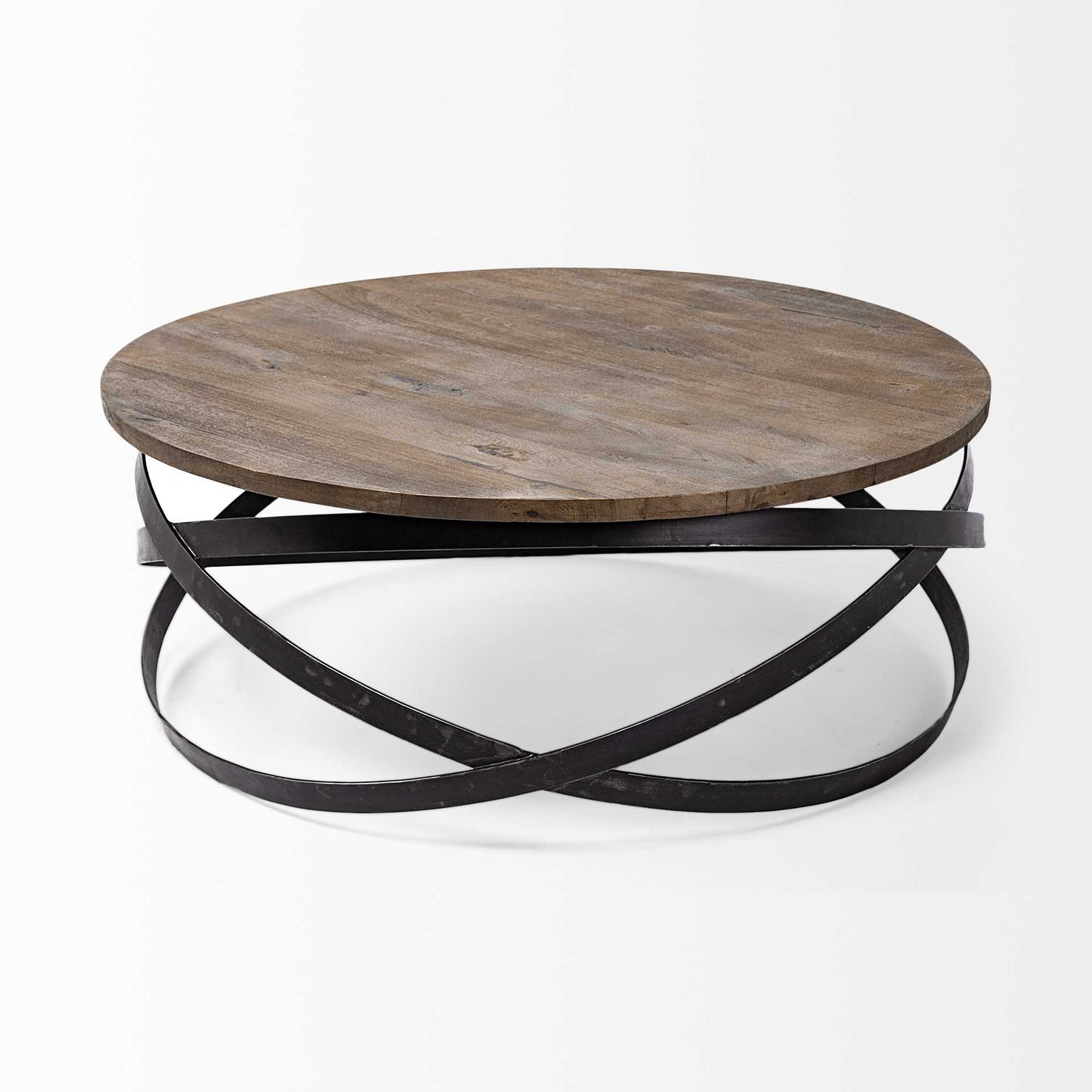 Brown & Black Solid Wood & Metal Round Coffee Table