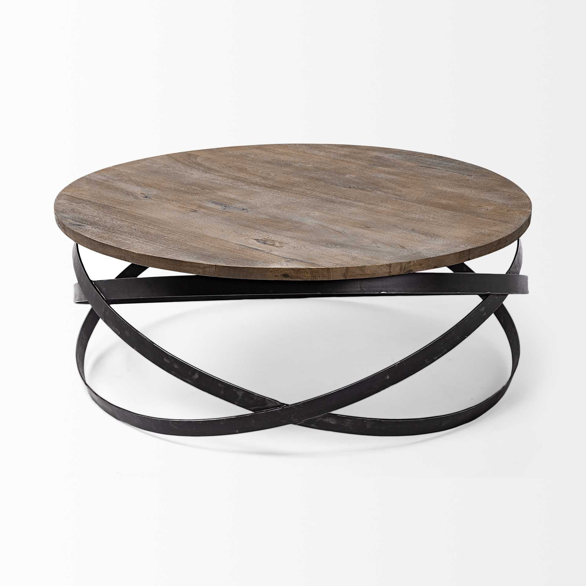 Brown & Black Solid Wood & Metal Round Coffee Table image 3
