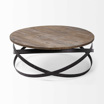 Brown & Black Solid Wood & Metal Round Coffee Table image 3