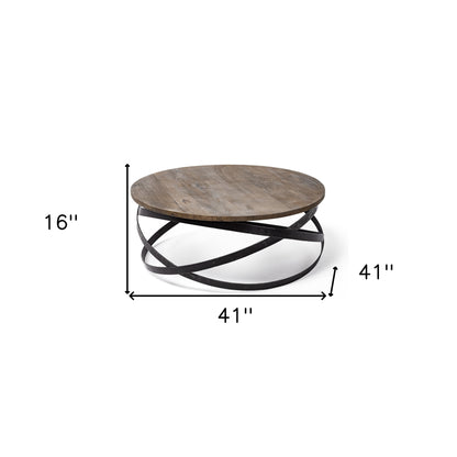 Brown & Black Solid Wood & Metal Round Coffee Table