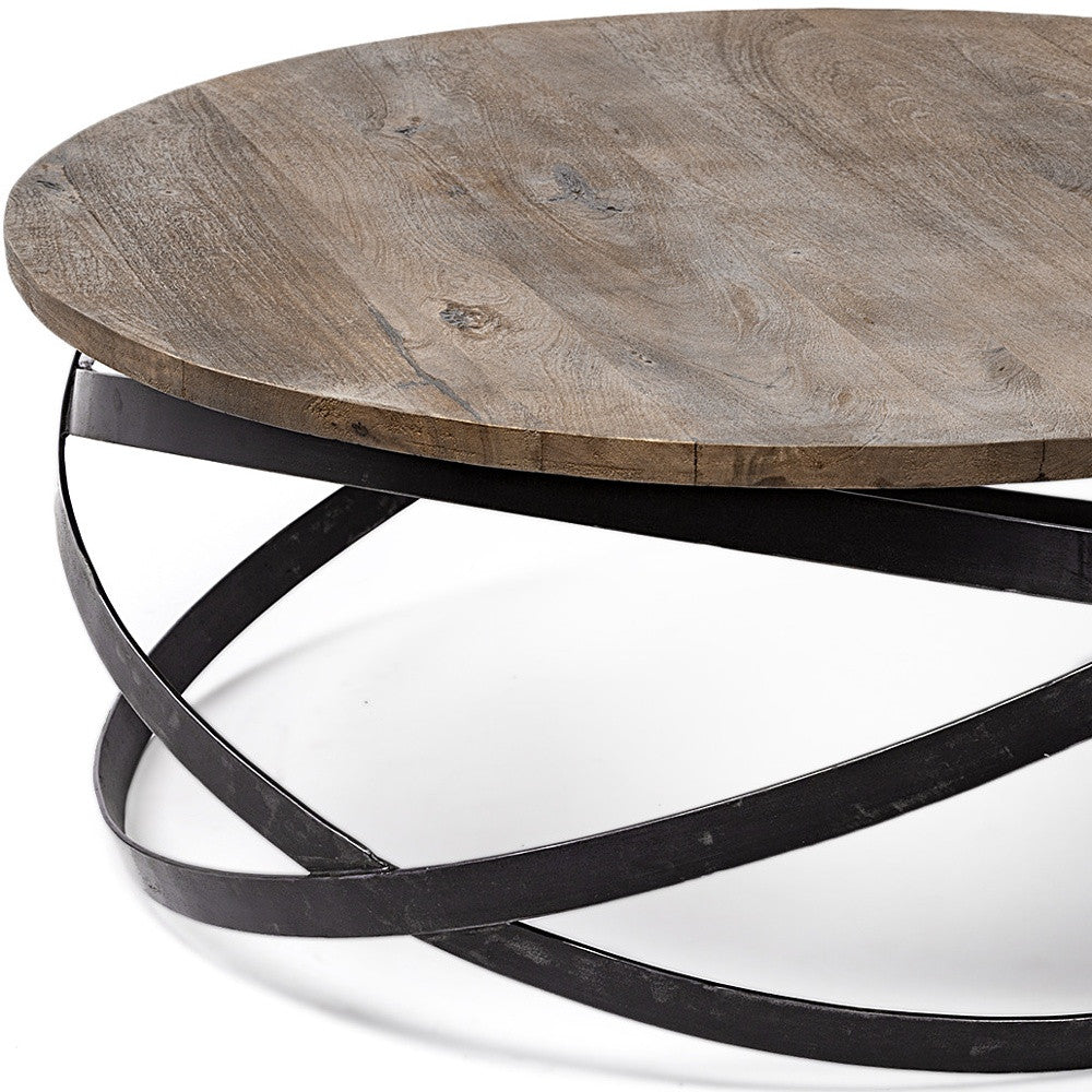 Brown & Black Solid Wood & Metal Round Coffee Table