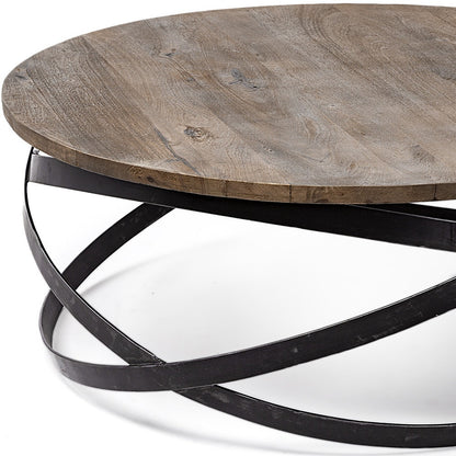 Brown & Black Solid Wood & Metal Round Coffee Table