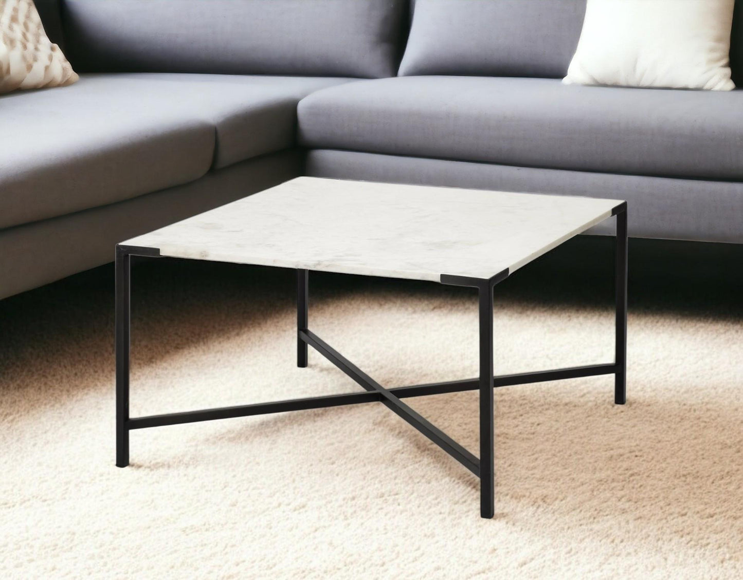 Black & White Genuine Marble & Metal Square Cross Legs Coffee Table image 1
