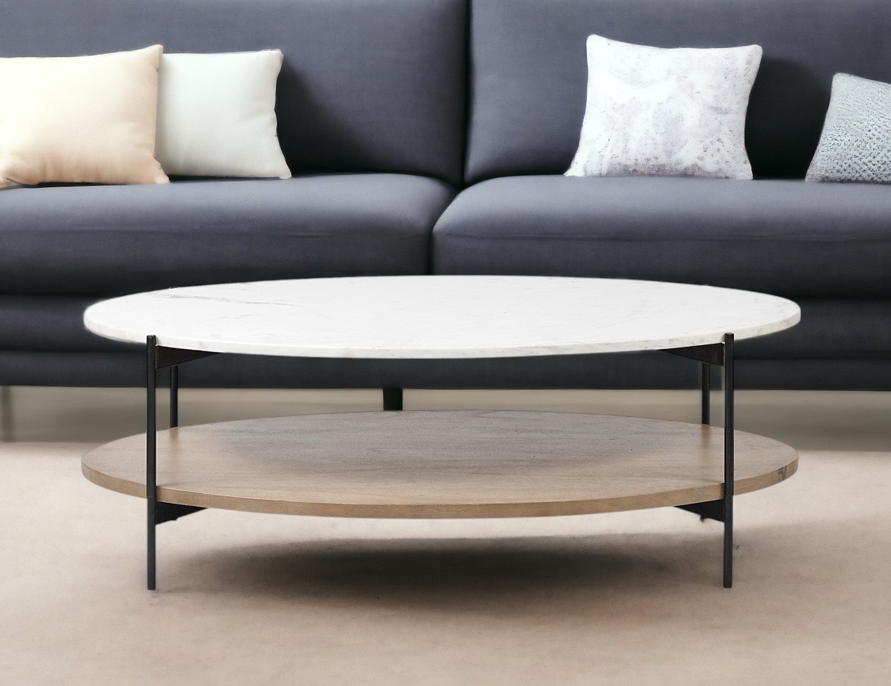Brown & Black Genuine Marble & Metal Oval Coffee Table w/ Shelf image 1