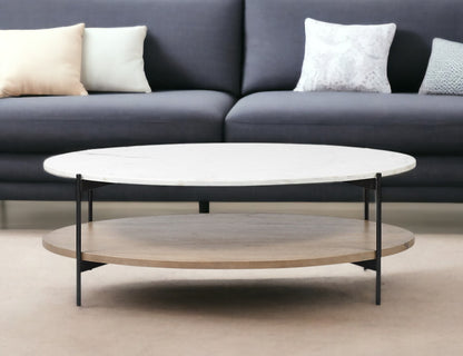 Brown & Black Genuine Marble & Metal Oval Coffee Table w/ Shelf image 1
