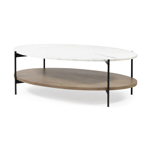 Brown & Black Genuine Marble & Metal Oval Coffee Table w/ Shelf image 2