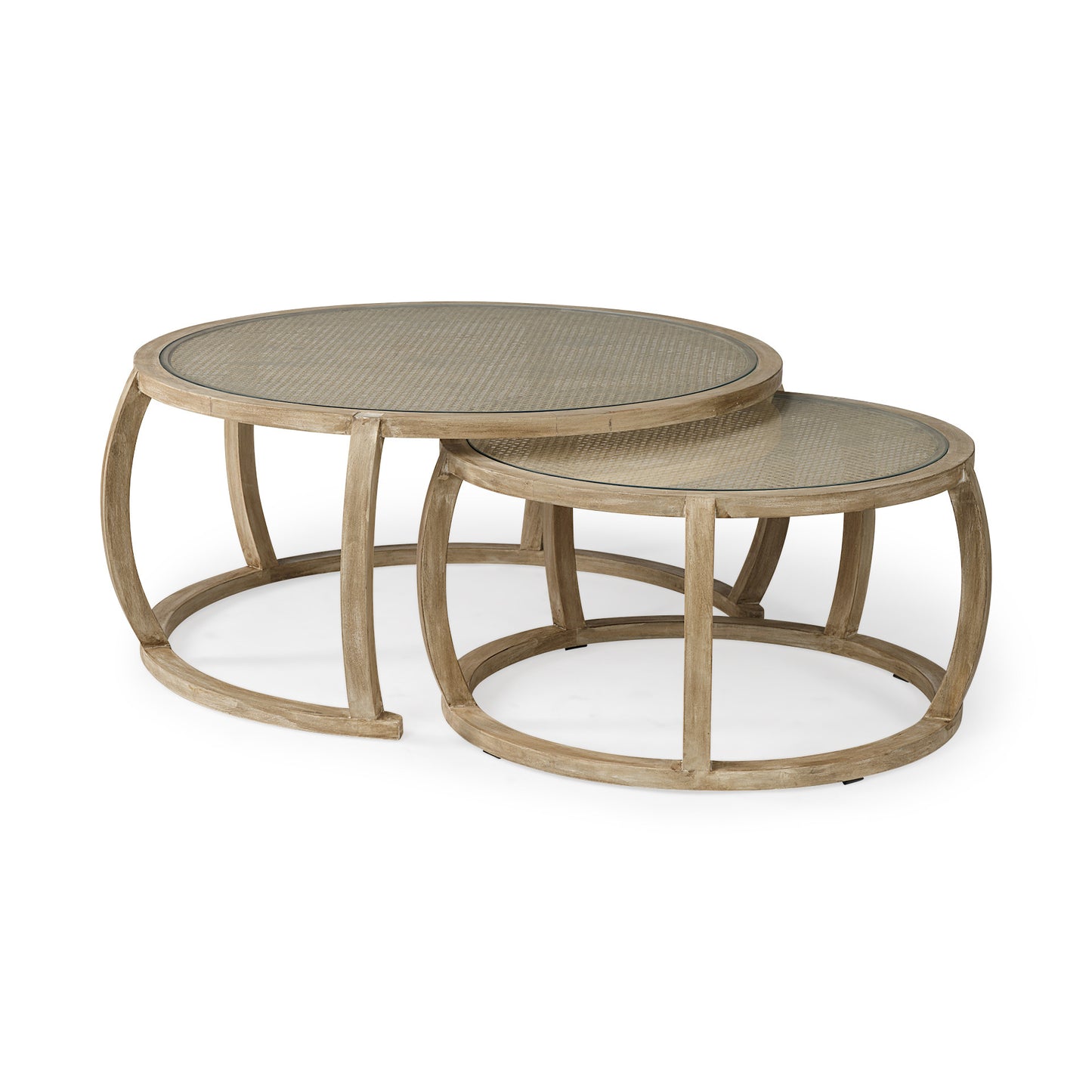 Round Woven Cane Glass Top & Solid Wood Coffee Tables