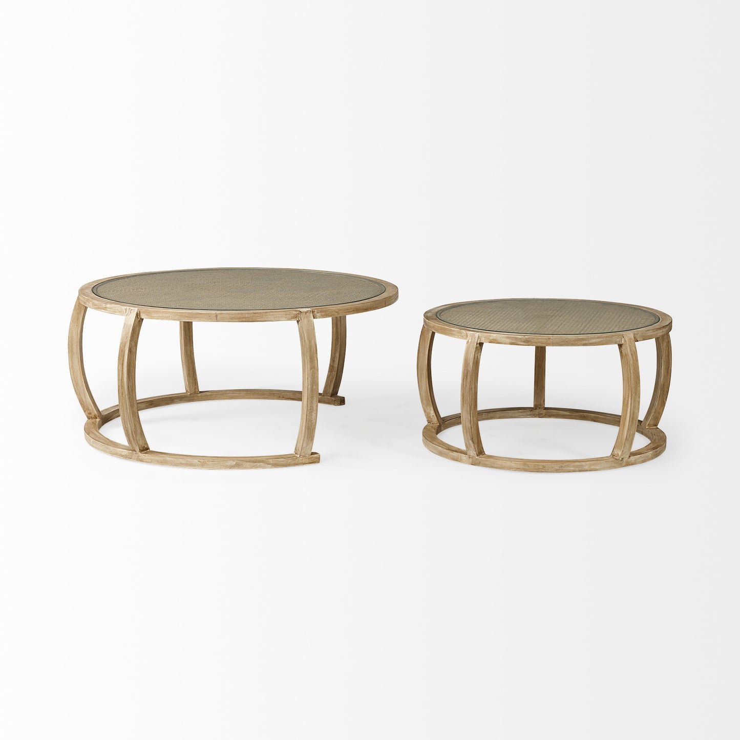 Round Woven Cane Glass Top & Solid Wood Coffee Tables