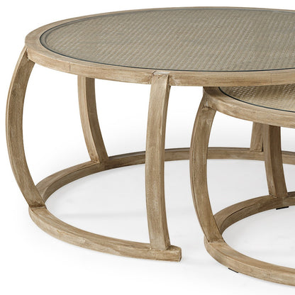 Round Woven Cane Glass Top & Solid Wood Coffee Tables