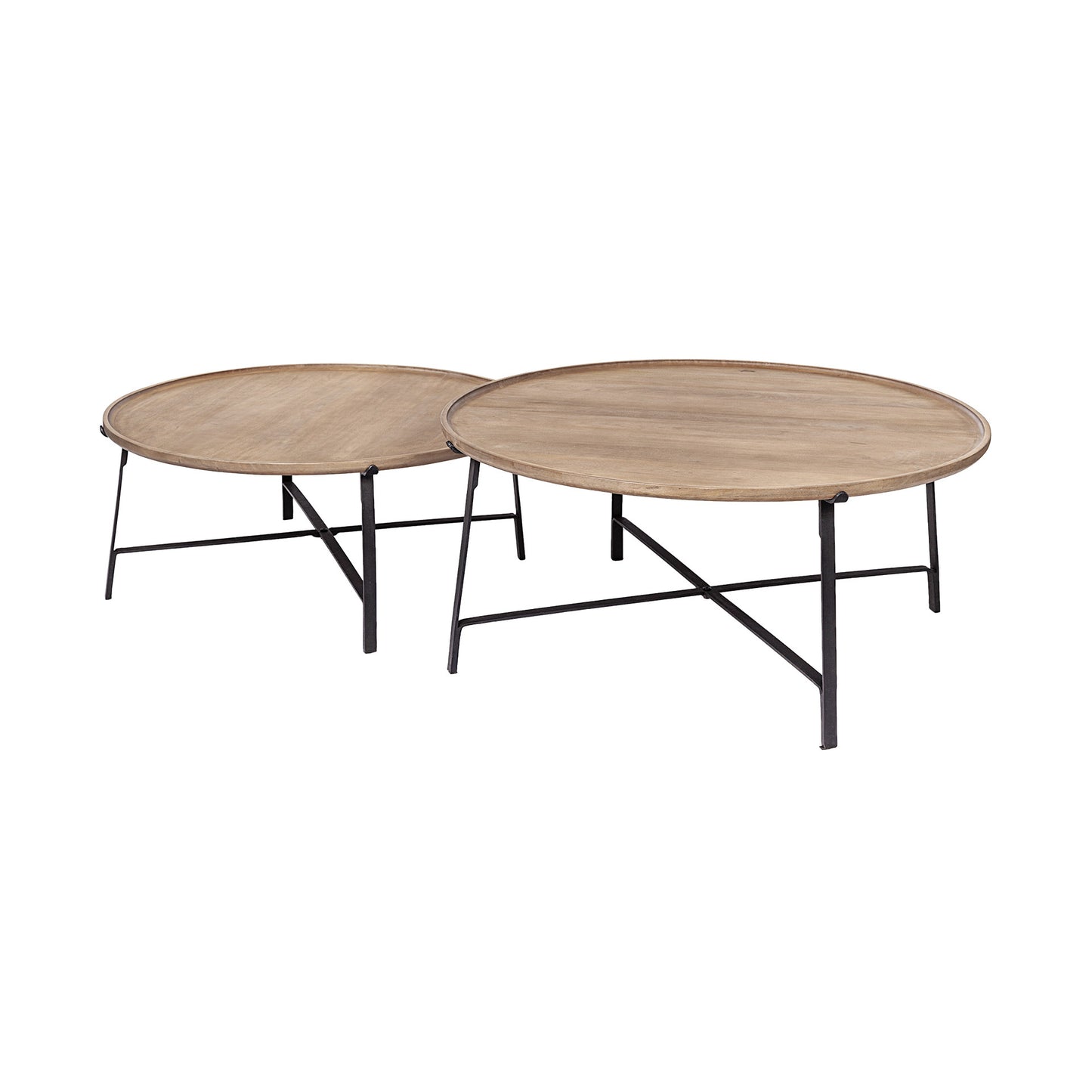 Set of 2 Brown & Black Solid Wood & Iron Round Nested Coffee Tables image 2