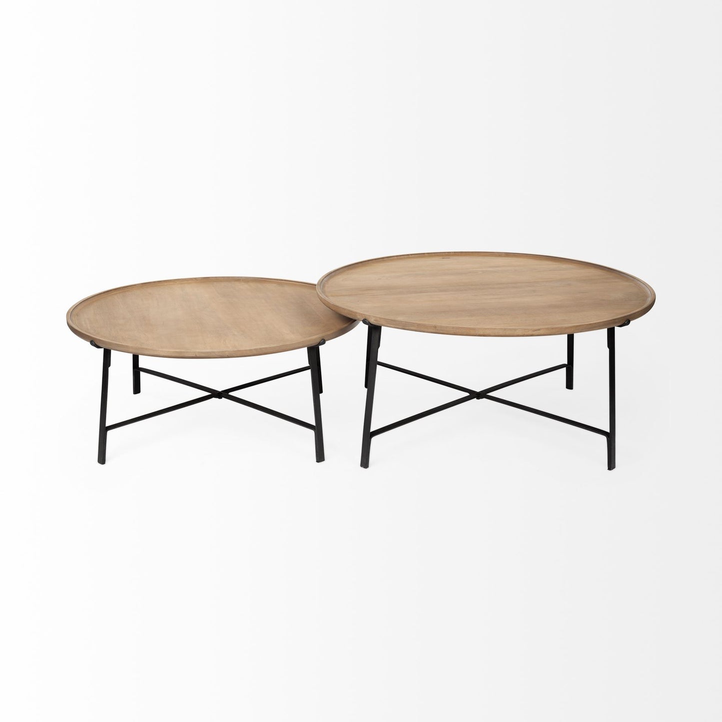 Set of 2 Brown & Black Solid Wood & Iron Round Nested Coffee Tables image 5