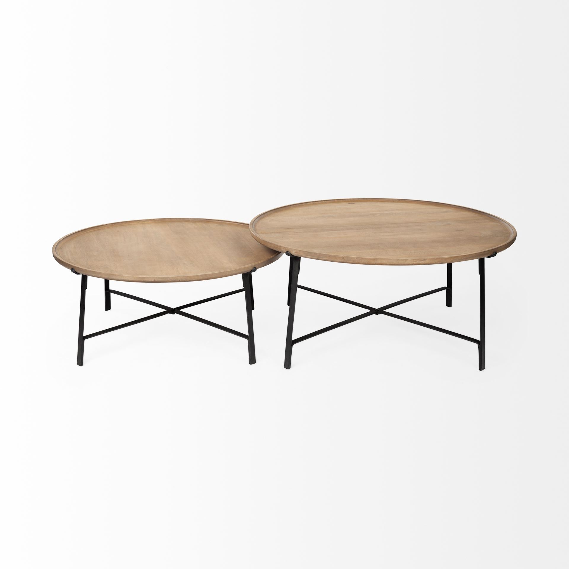 Set of 2 Brown & Black Solid Wood & Iron Round Nested Coffee Tables image 5