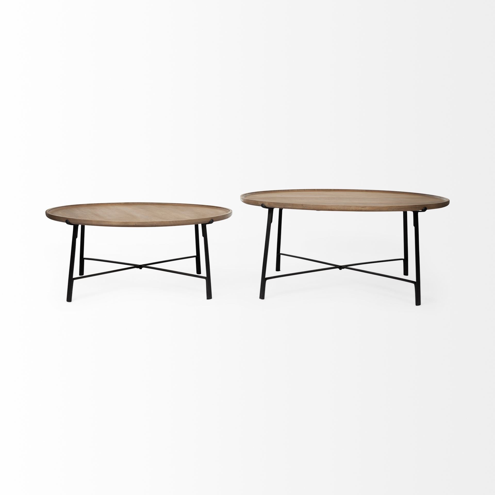 Set of 2 Brown & Black Solid Wood & Iron Round Nested Coffee Tables image 4