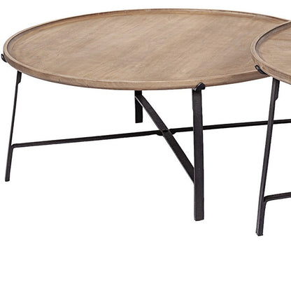 Set of 2 Brown & Black Solid Wood & Iron Round Nested Coffee Tables image 7