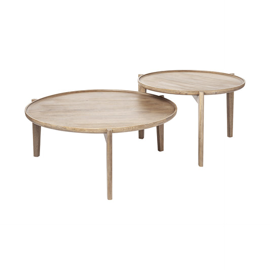 Set of 2 Brown Solid Wood Round Nested Coffee Tables image 2