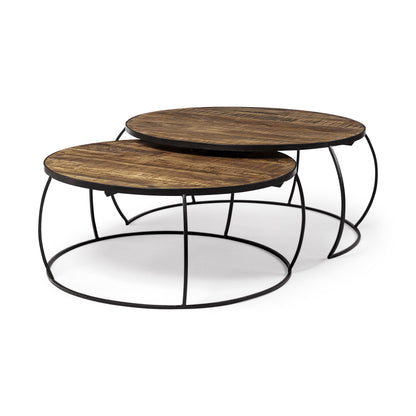 Brown & Black Wood & Metal Round Nested Coffee Tables image 3