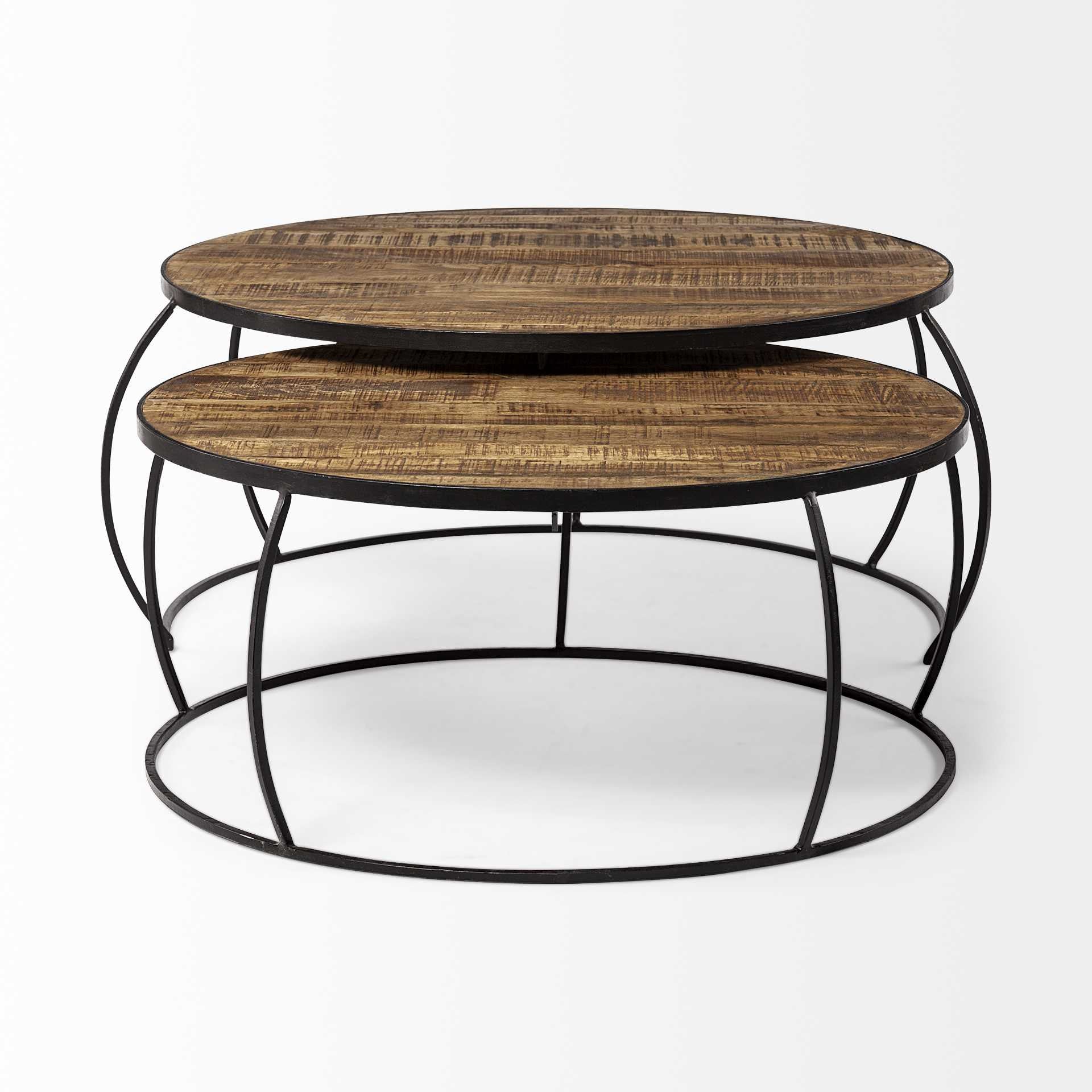 Brown & Black Wood & Metal Round Nested Coffee Tables image 4