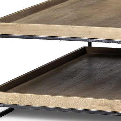 Natural & Black Solid Wood & Metal Coffee Table w/ Shelf image 4