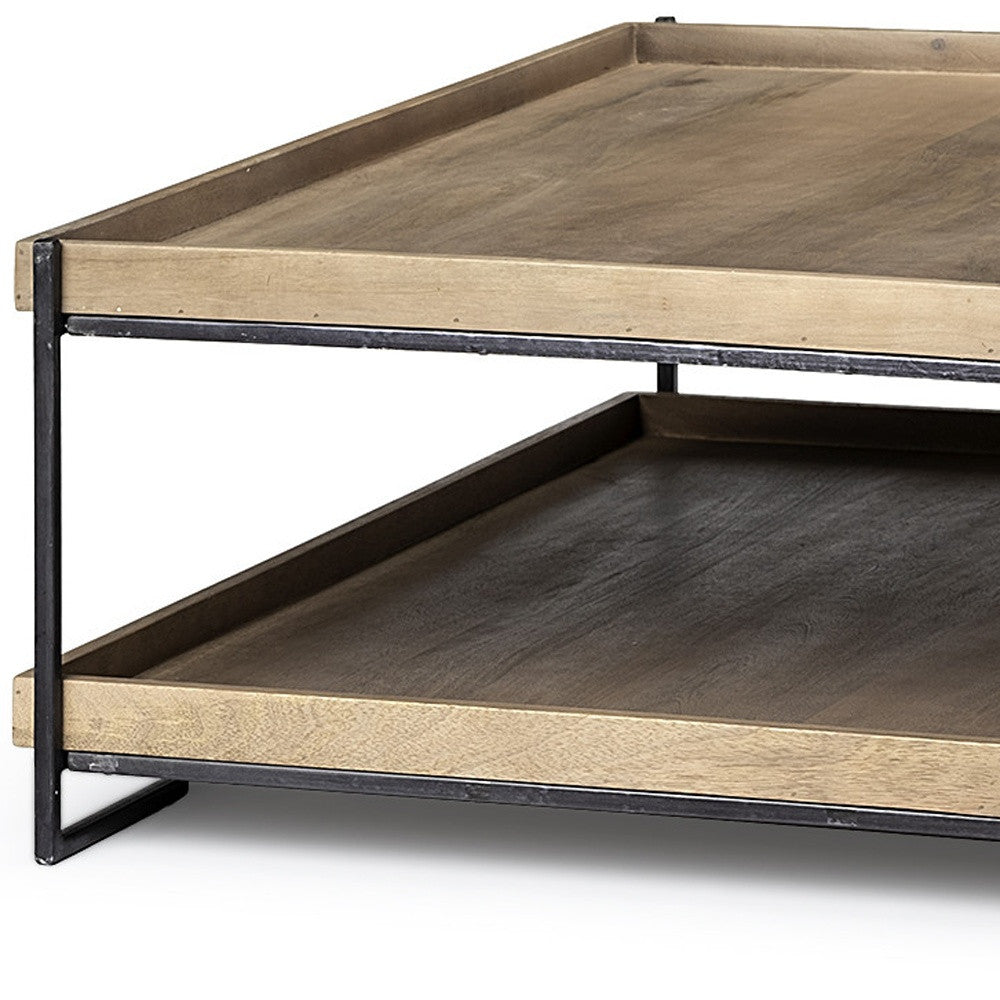 Natural & Black Solid Wood & Metal Coffee Table w/ Shelf image 5
