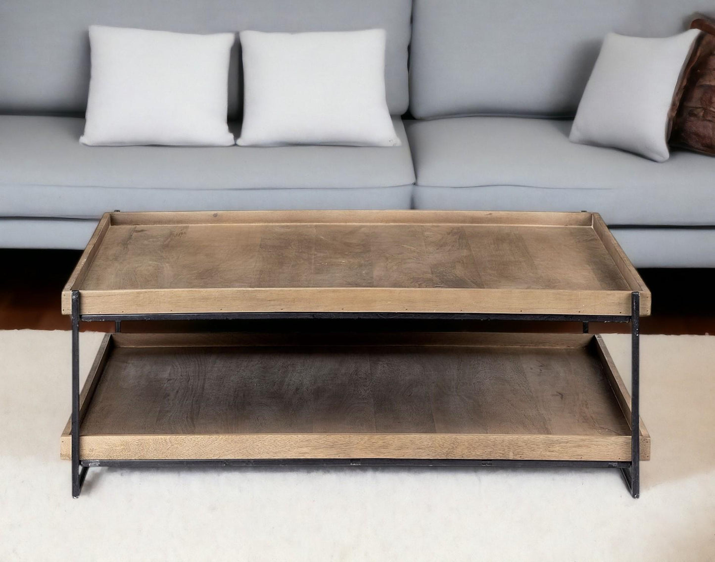 Natural & Black Solid Wood & Metal Coffee Table w/ Shelf image 1
