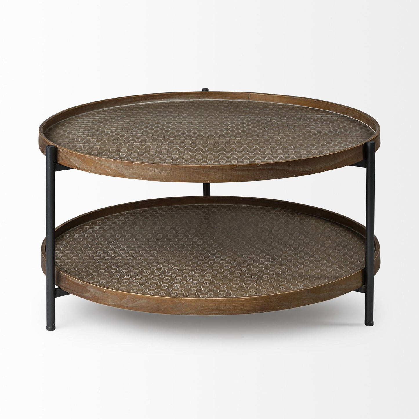 Brown & Black Solid Wood & Iron Round Coffee Table w/ Shelf image 2