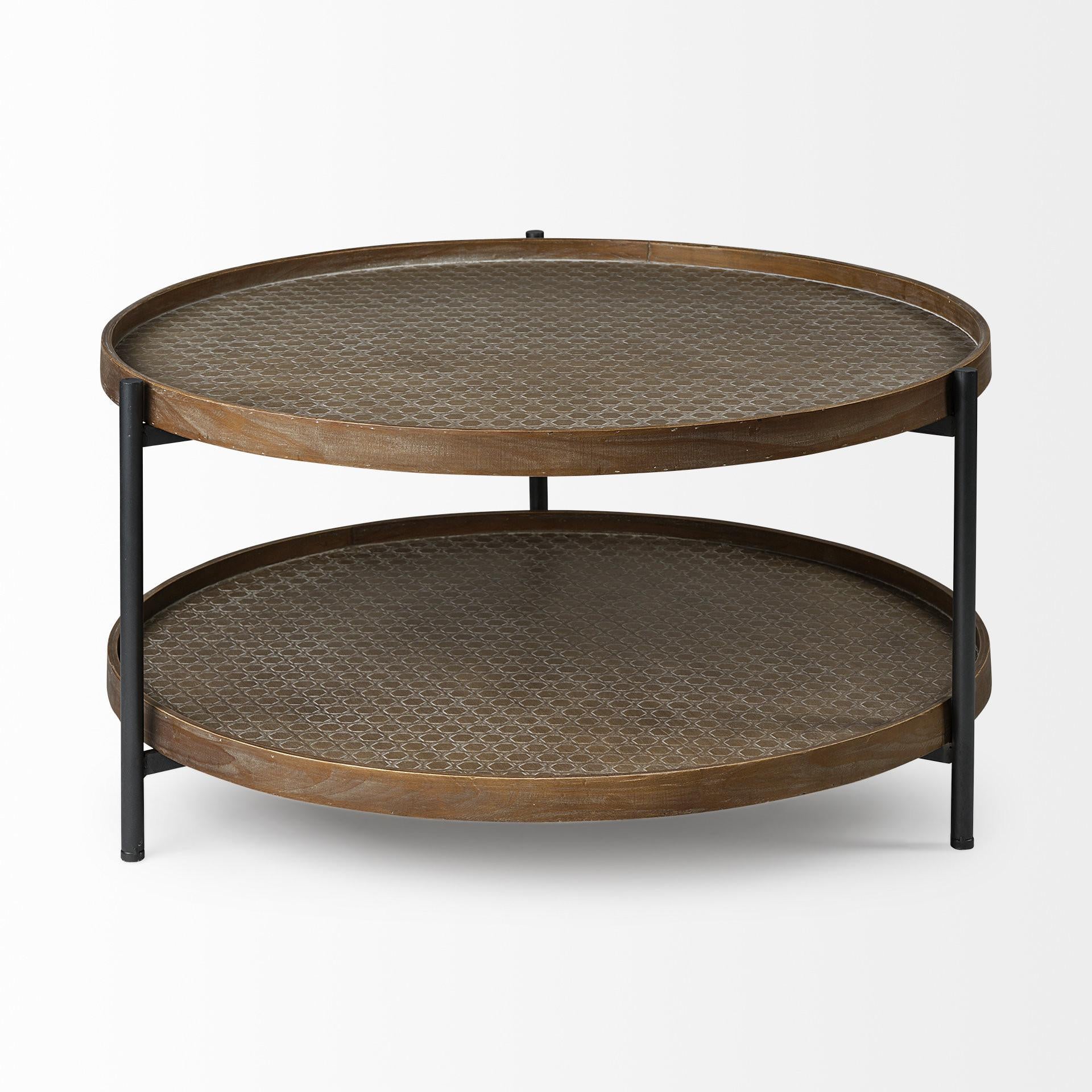 Brown & Black Solid Wood & Iron Round Coffee Table w/ Shelf image 2