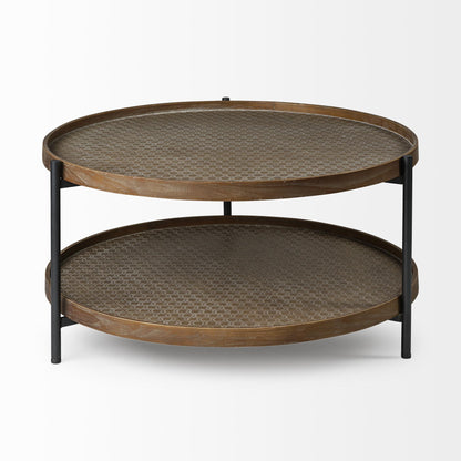 Brown & Black Solid Wood & Iron Round Coffee Table w/ Shelf image 2