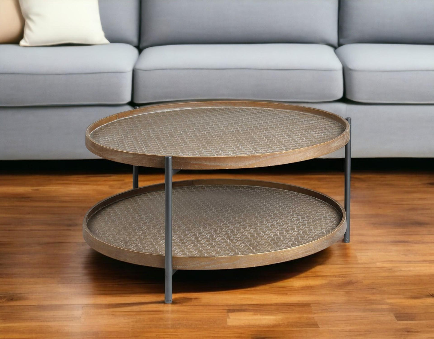 Brown & Black Solid Wood & Iron Round Coffee Table w/ Shelf image 1
