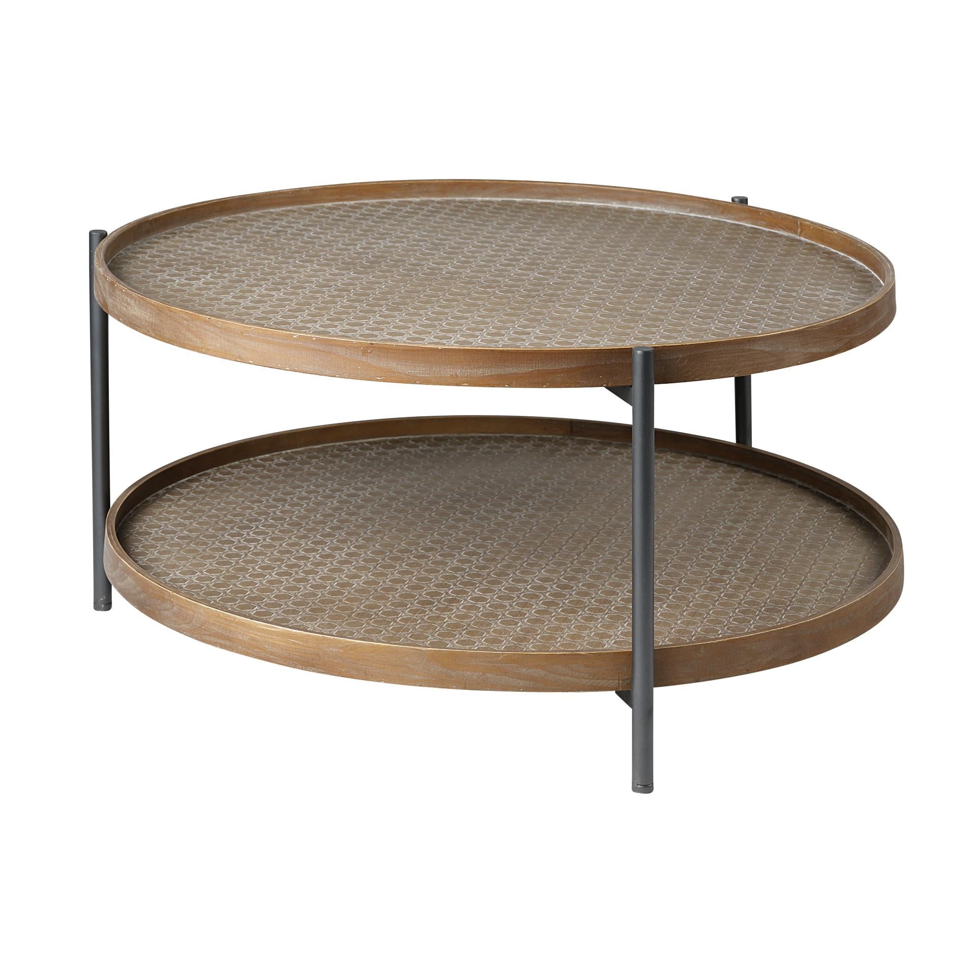 Brown & Black Solid Wood & Iron Round Coffee Table w/ Shelf image 3