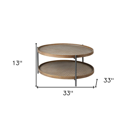 Brown & Black Solid Wood & Iron Round Coffee Table w/ Shelf image 8