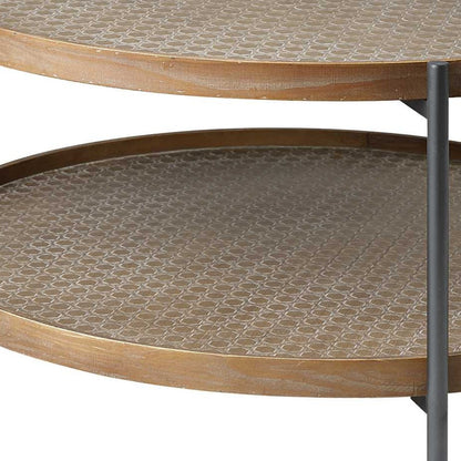 Brown & Black Solid Wood & Iron Round Coffee Table w/ Shelf image 4
