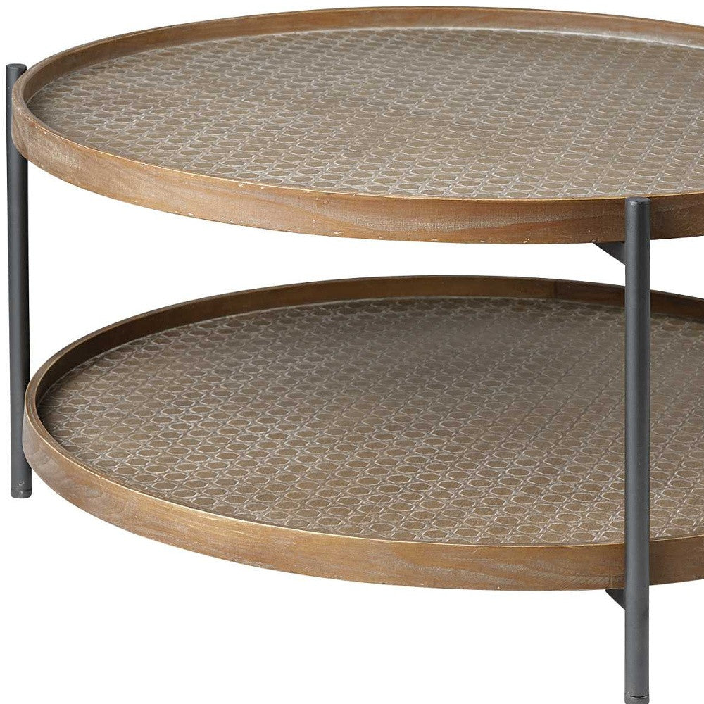 Brown & Black Solid Wood & Iron Round Coffee Table w/ Shelf image 5