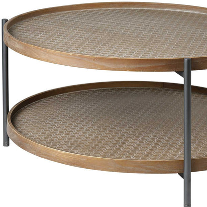Brown & Black Solid Wood & Iron Round Coffee Table w/ Shelf image 5
