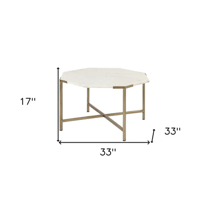 White & Gold Genuine Marble & Metal Octagon Coffee Table