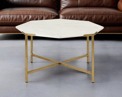White & Gold Genuine Marble & Metal Octagon Coffee Table image 1