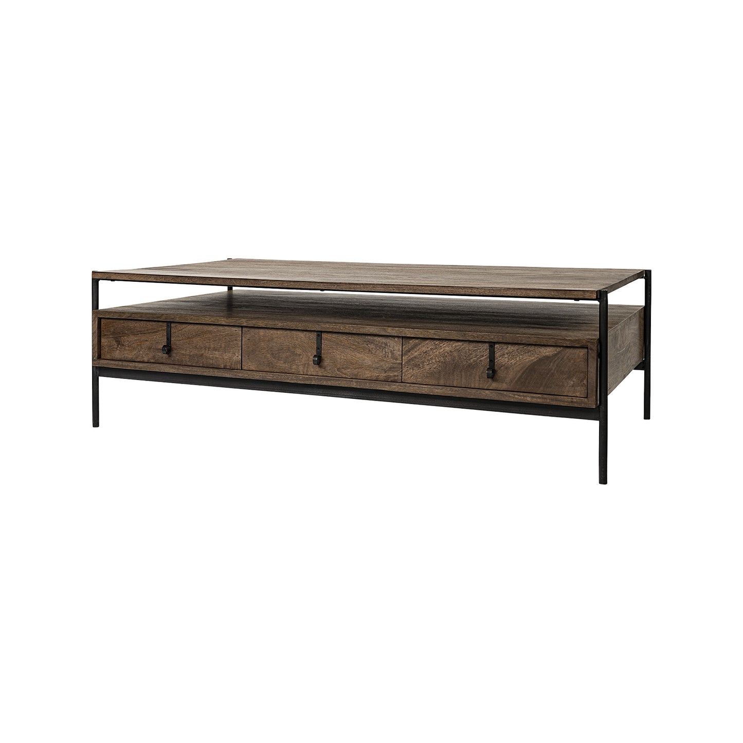 Rectangular Solid Wood & Black Metal Coffee Table W 3 Drawers