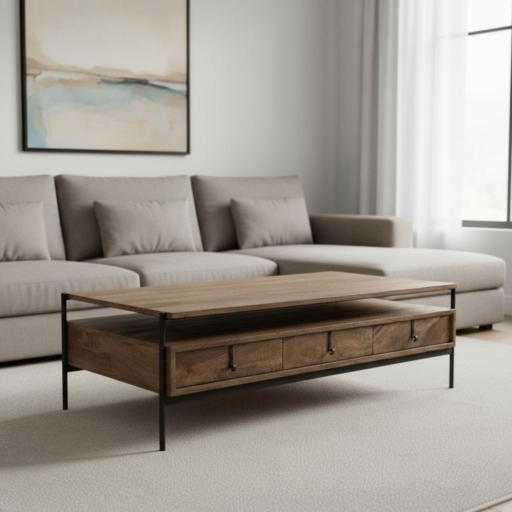 Brown & Black Solid Wood & Metal Coffee Table w/ Three Drawers image 1