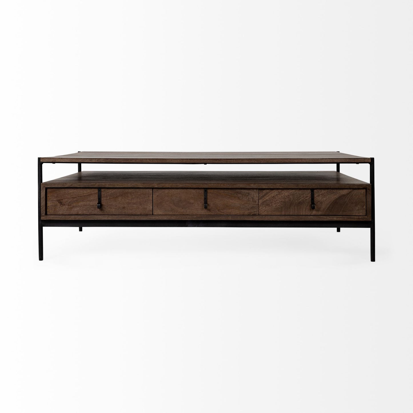 Rectangular Solid Wood & Black Metal Coffee Table W 3 Drawers