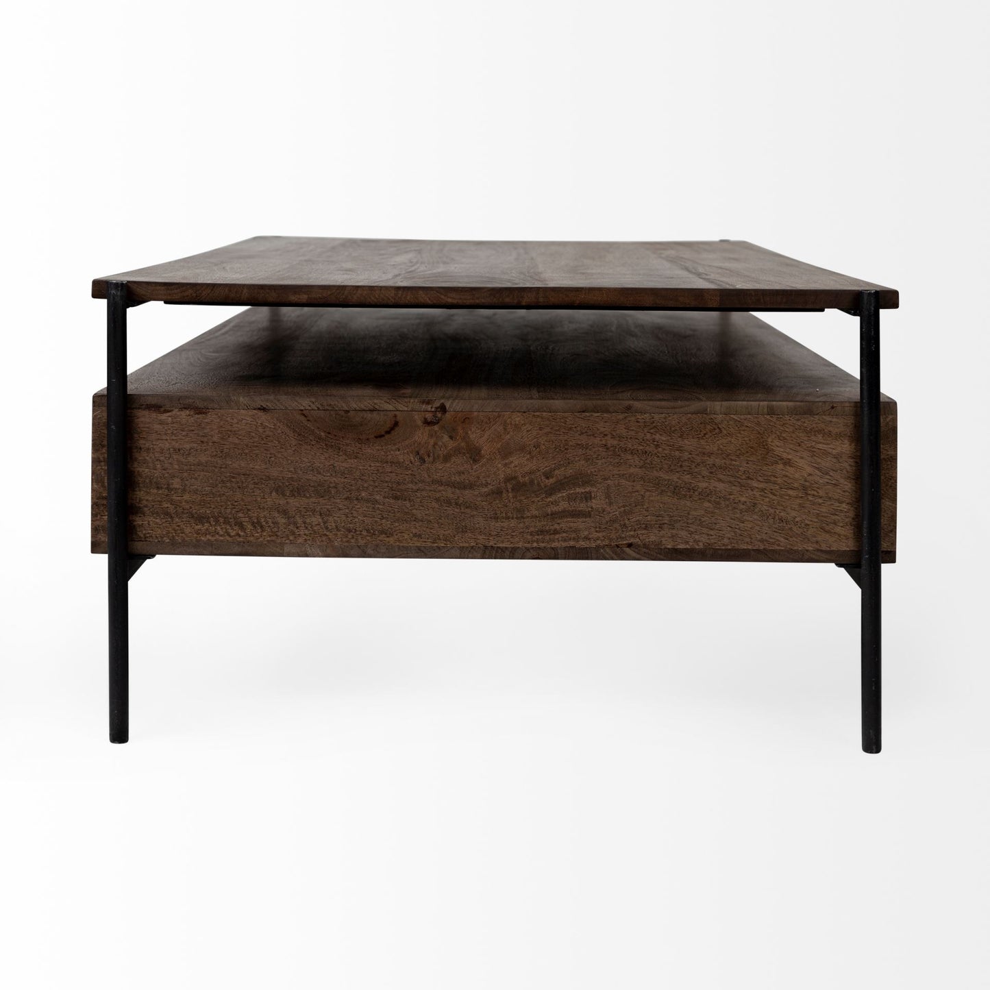 Rectangular Solid Wood & Black Metal Coffee Table W 3 Drawers