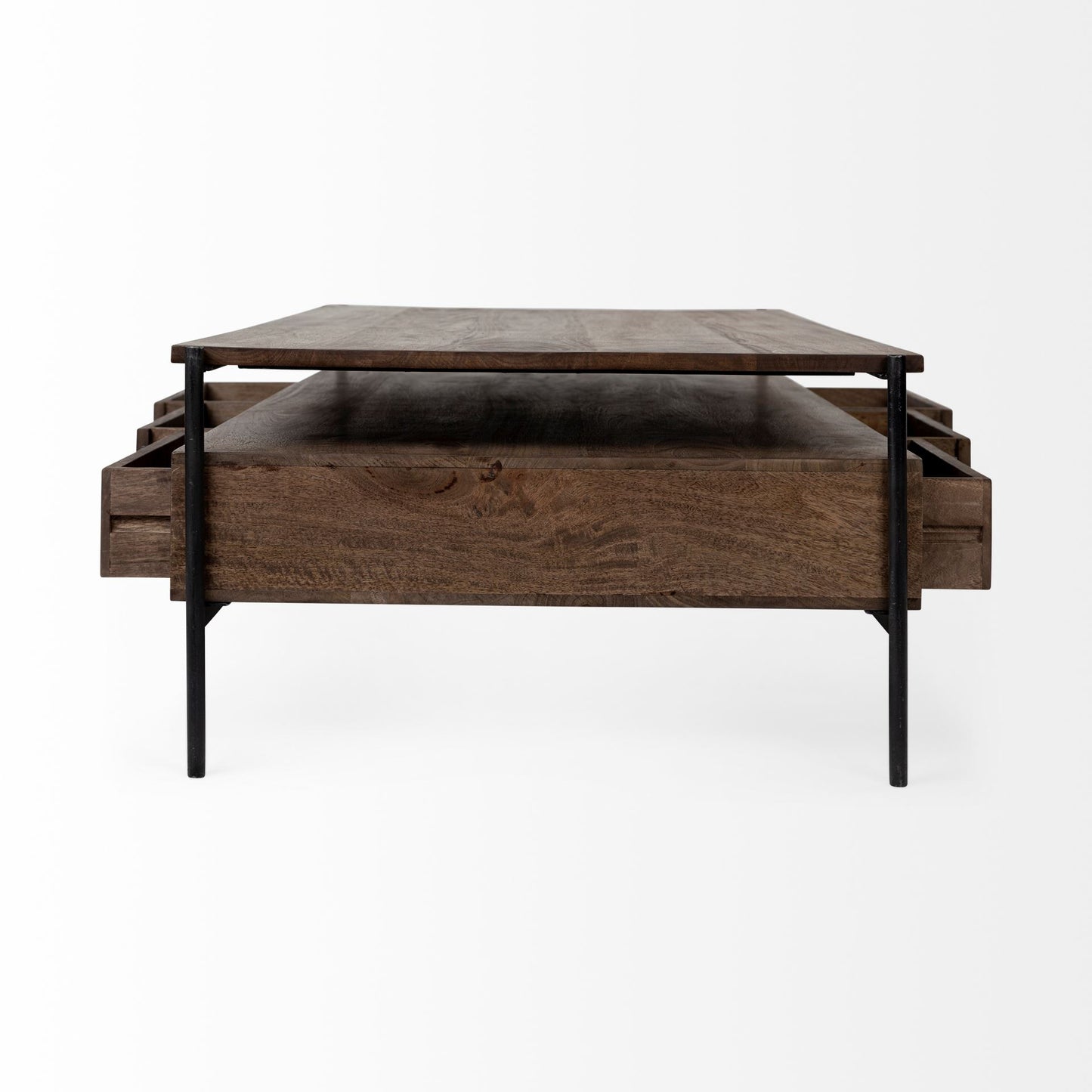 Rectangular Solid Wood & Black Metal Coffee Table W 3 Drawers