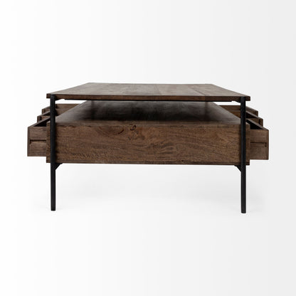 Rectangular Solid Wood & Black Metal Coffee Table W 3 Drawers