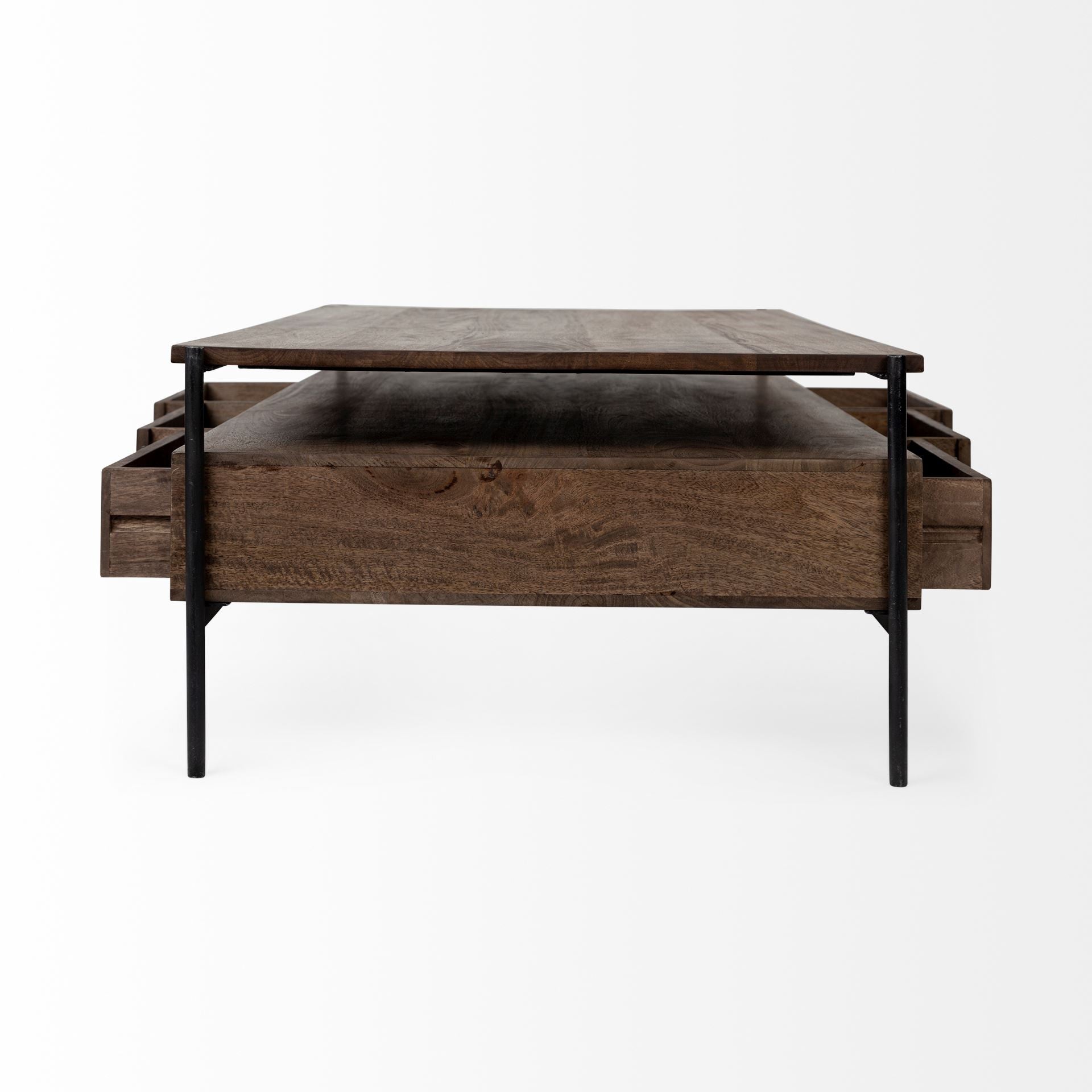 Brown & Black Solid Wood & Metal Coffee Table w/ Three Drawers image 3