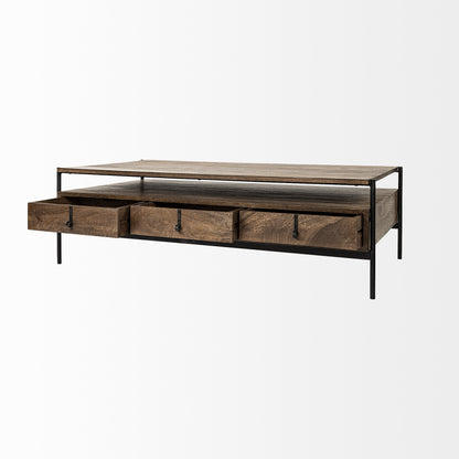 Rectangular Solid Wood & Black Metal Coffee Table W 3 Drawers