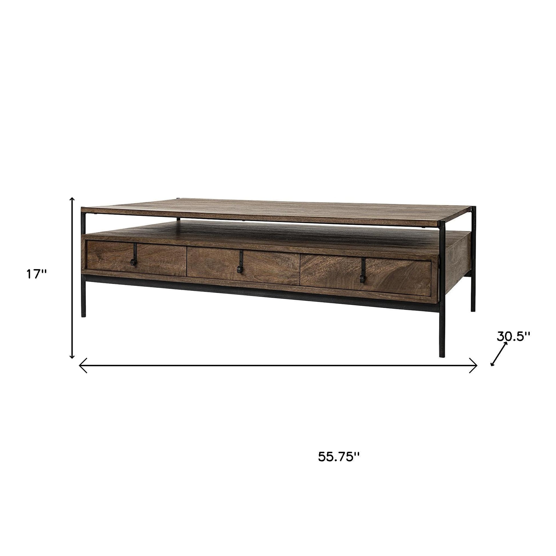Brown & Black Solid Wood & Metal Coffee Table w/ Three Drawers image 9