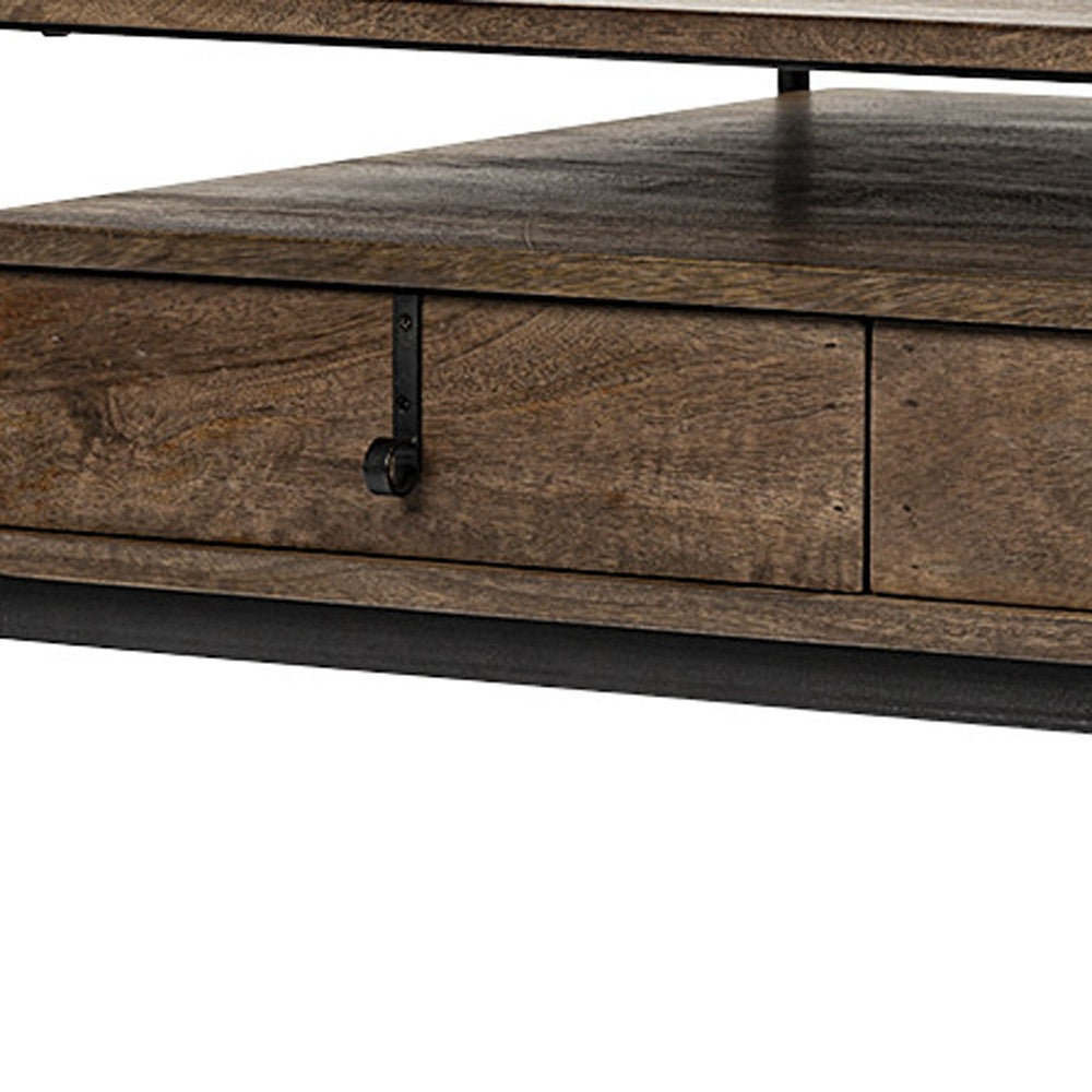 Rectangular Solid Wood & Black Metal Coffee Table W 3 Drawers