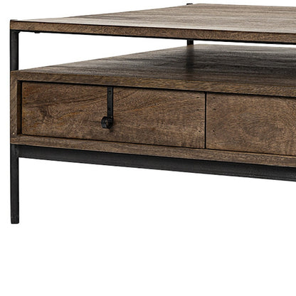 Rectangular Solid Wood & Black Metal Coffee Table W 3 Drawers