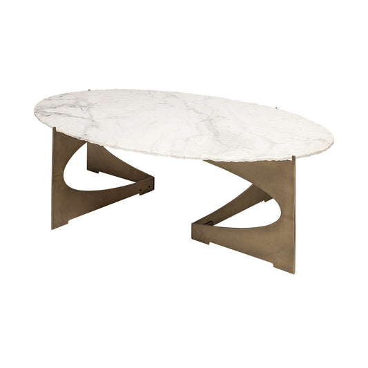 White & Gold Genuine Marble & Metal Oval Coffee Table