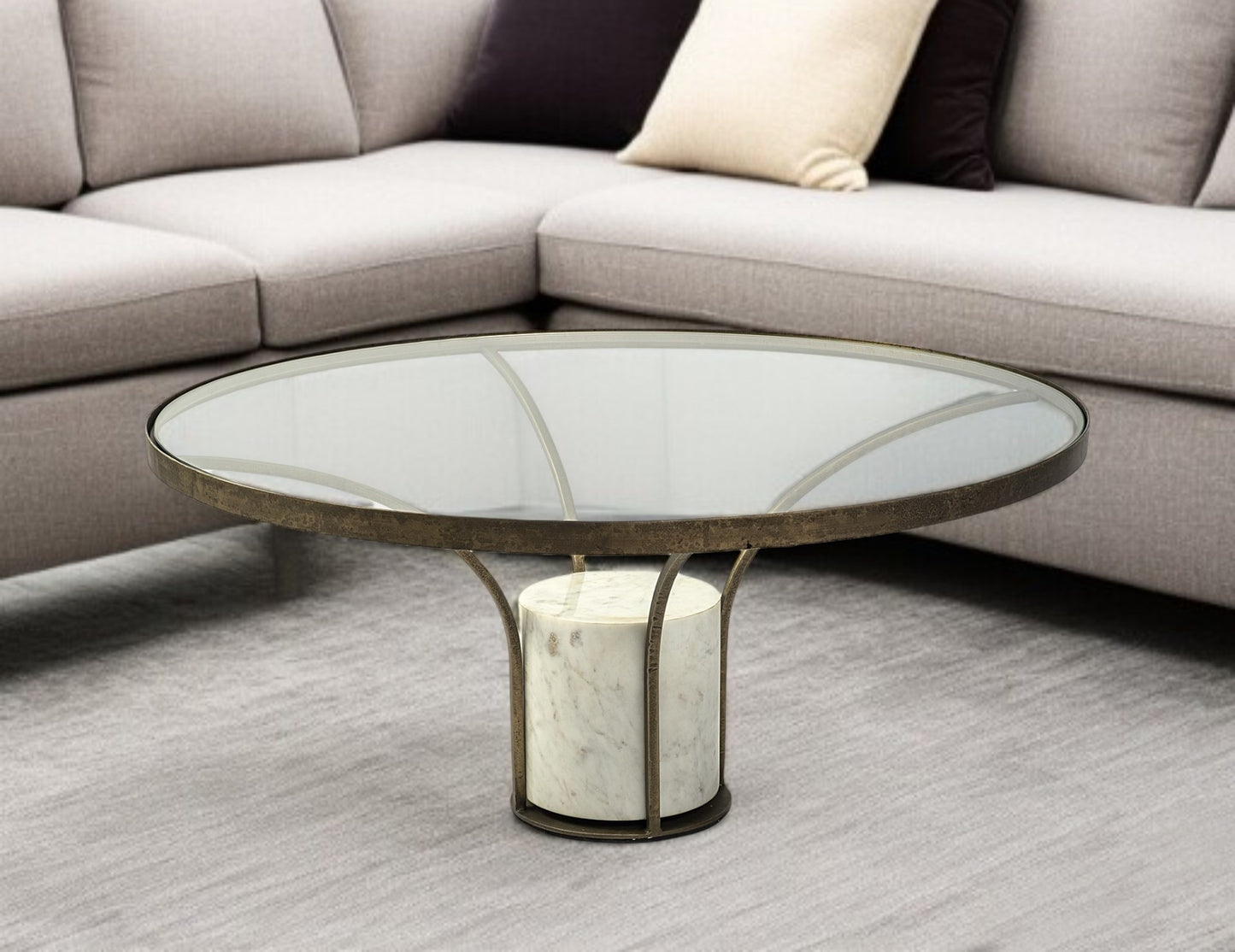 Antiqued Gold & White Glass Iron & Marble Round Pedestal Coffee Table image 1