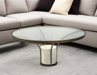Antiqued Gold & White Glass Iron & Marble Round Pedestal Coffee Table image 1