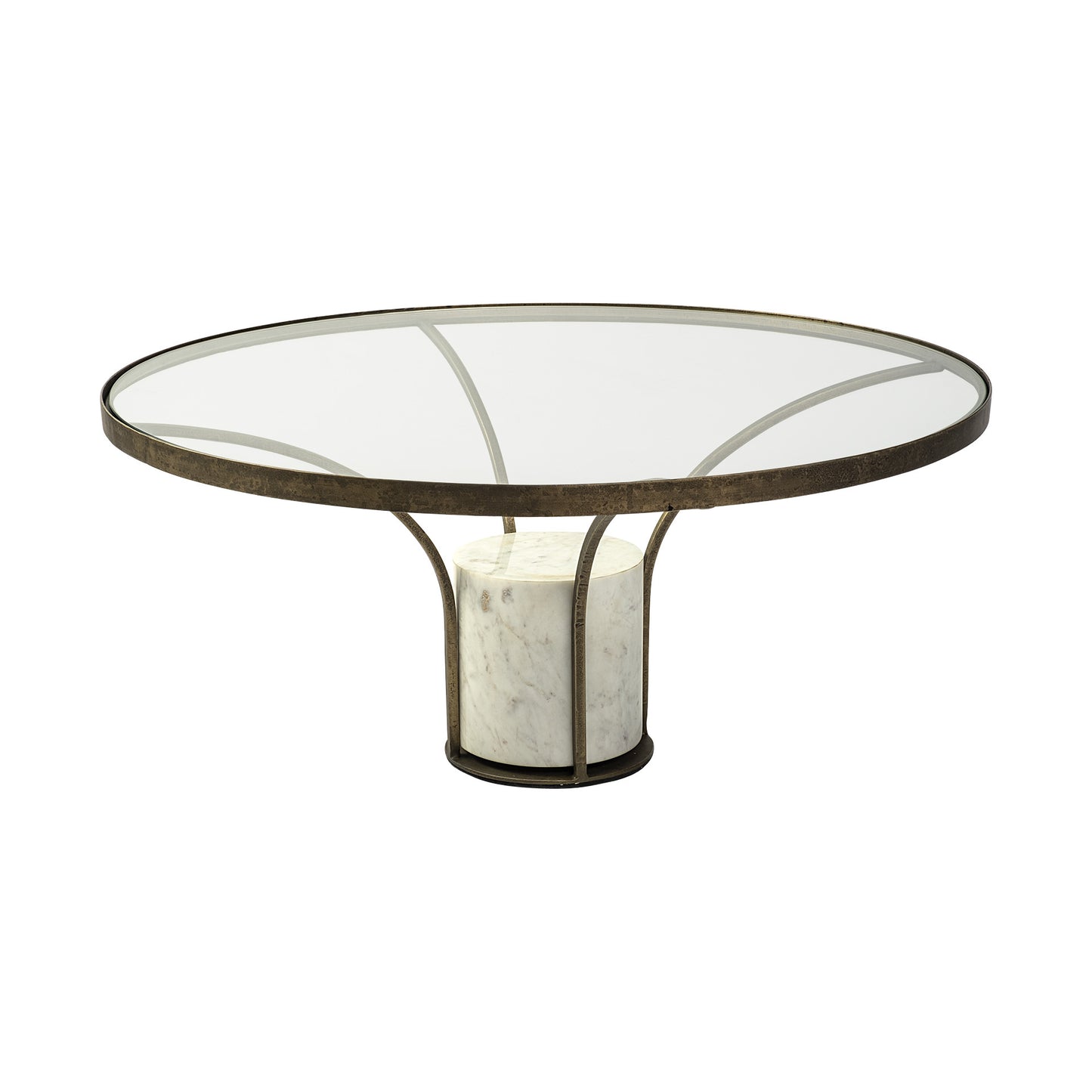Antiqued Gold & White Glass Iron & Marble Round Pedestal Coffee Table image 2